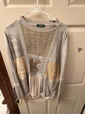Kenzo Patchwork Cable-Knit Crewneck Sweater in Light Gray and Cream